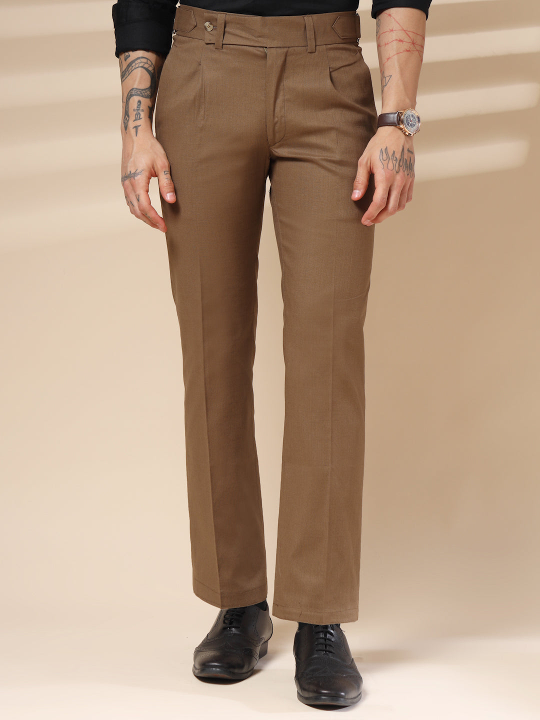 Khakhi Linen Oxford Gurkha Pants | Boot Cut Fit by ITALIAN VEGA®