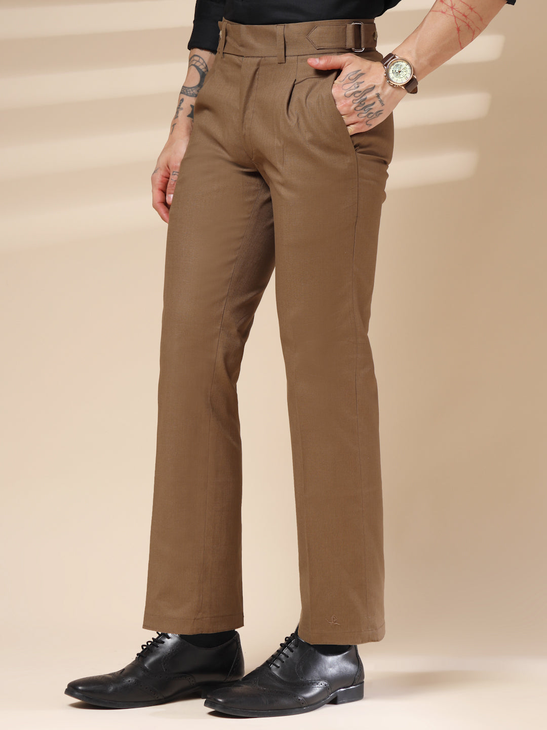 Khakhi Linen Oxford Gurkha Pants | Boot Cut Fit by ITALIAN VEGA®