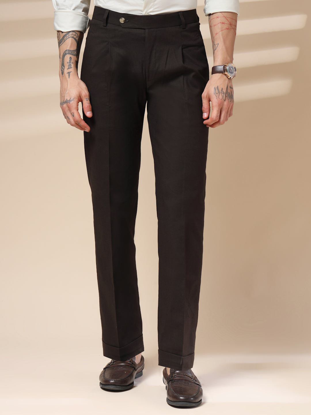 Brown Linen Formal Pleated Gurkha Pants | Boot Cut Fit by ITALIAN VEGA®