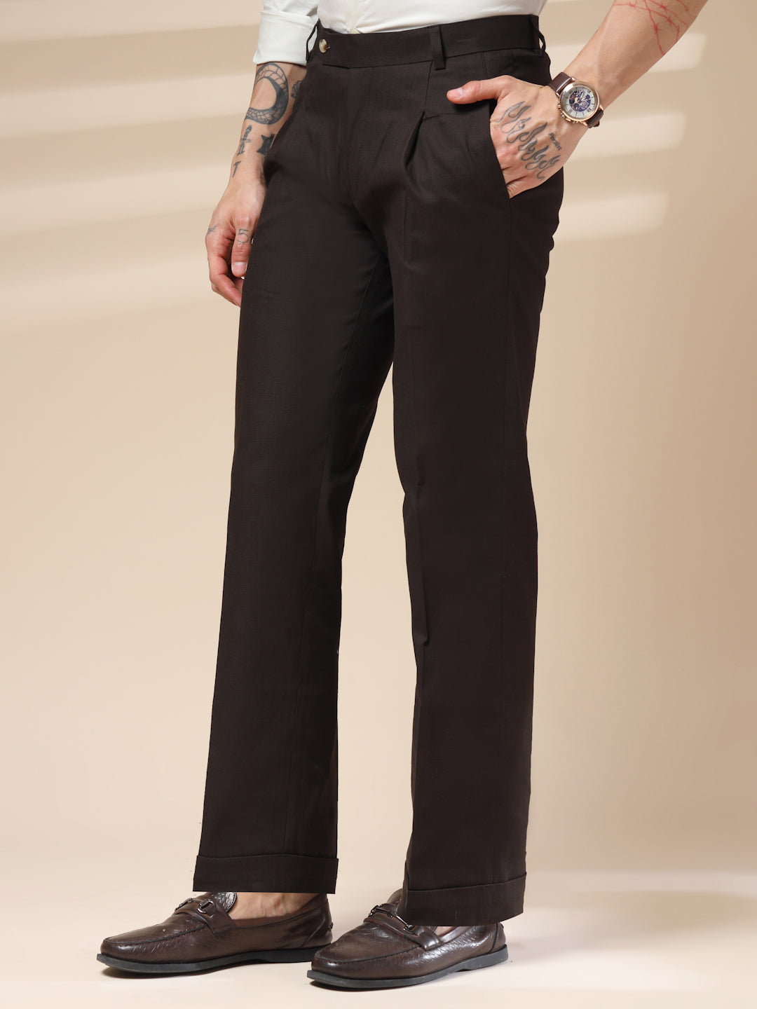Brown Linen Formal Pleated Gurkha Pants | Boot Cut Fit by ITALIAN VEGA®