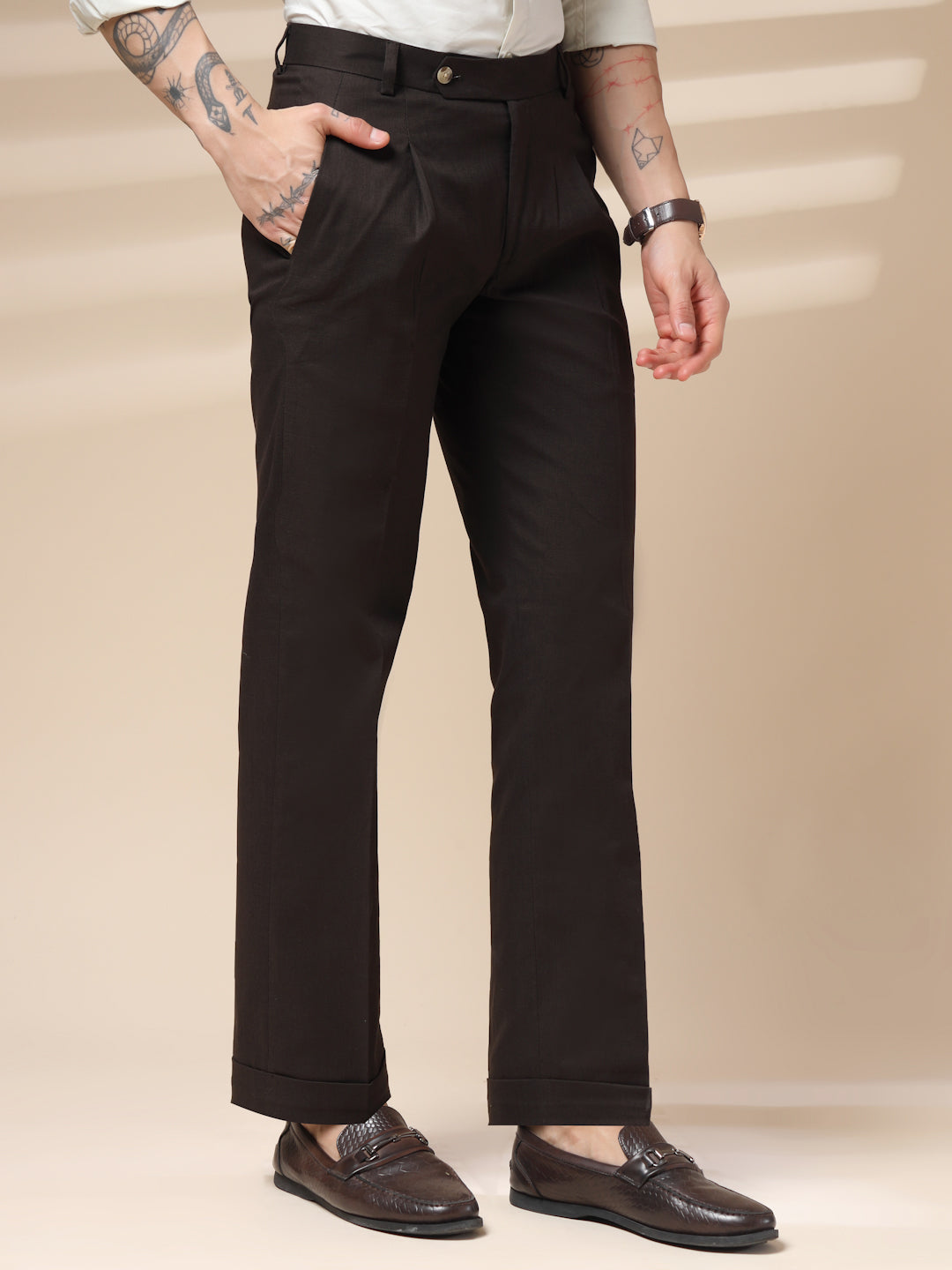 Brown Linen Formal Pleated Gurkha Pants | Boot Cut Fit by ITALIAN VEGA®