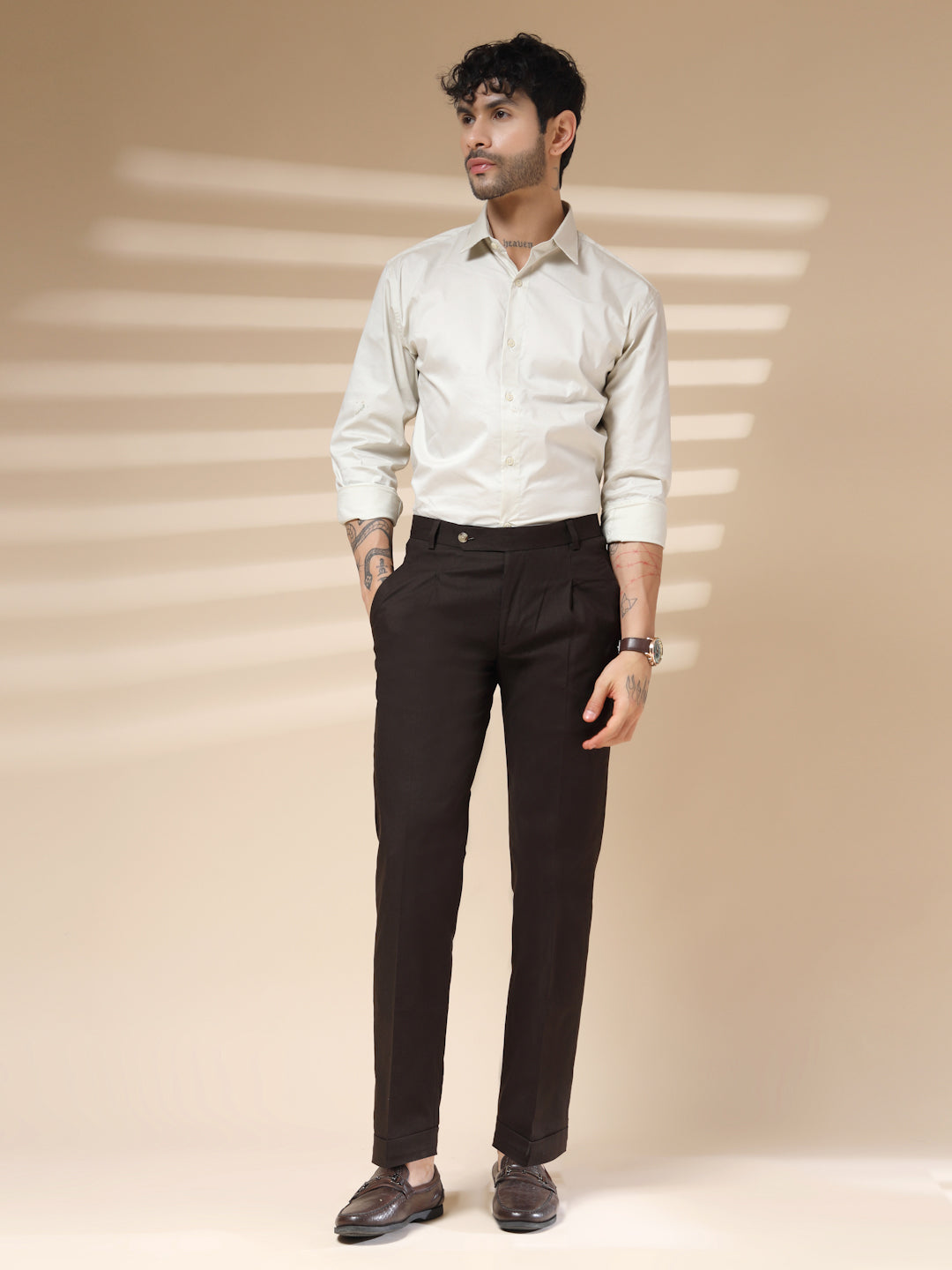 Brown Linen Formal Pleated Gurkha Pants | Boot Cut Fit by ITALIAN VEGA®