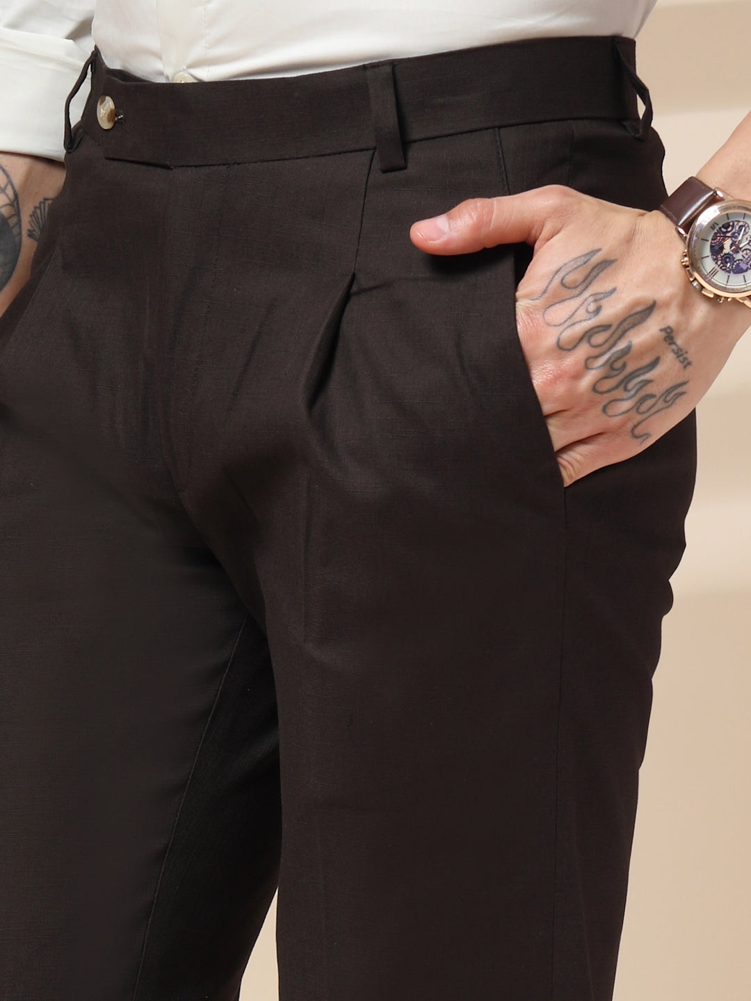 Brown Linen Formal Pleated Gurkha Pants | Boot Cut Fit by ITALIAN VEGA®