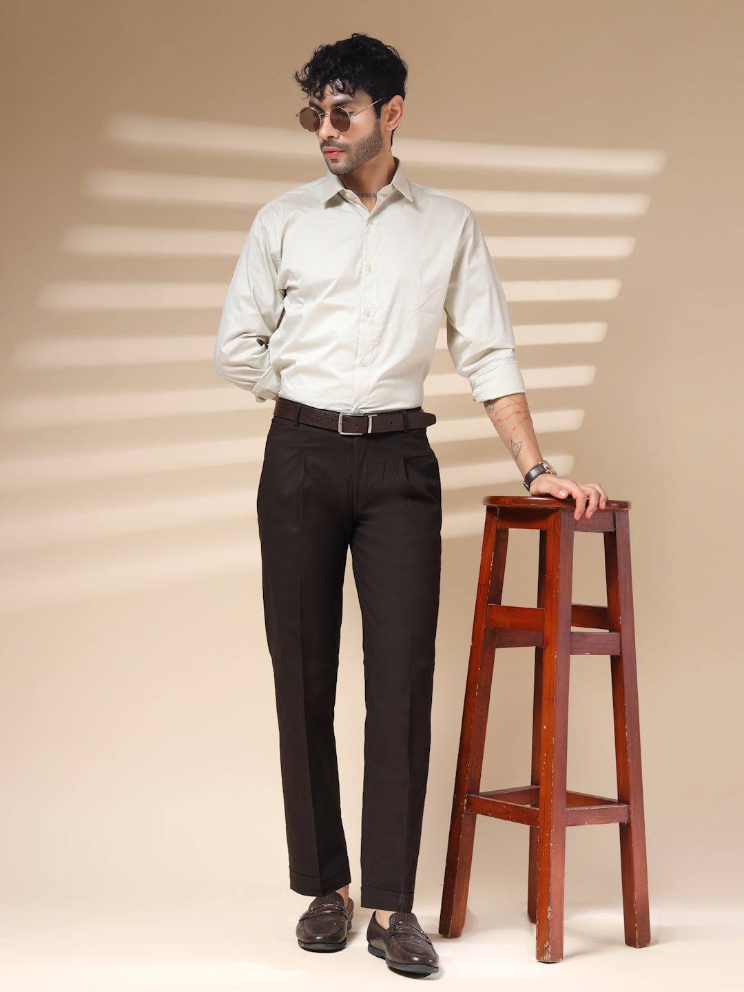 Brown Linen Formal Pleated Gurkha Pants | Boot Cut Fit by ITALIAN VEGA®