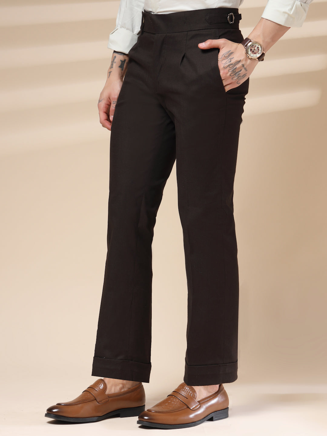 Brown Linen Elegant Gurkha Pants | Boot Cut Fit by ITALIAN VEGA®
