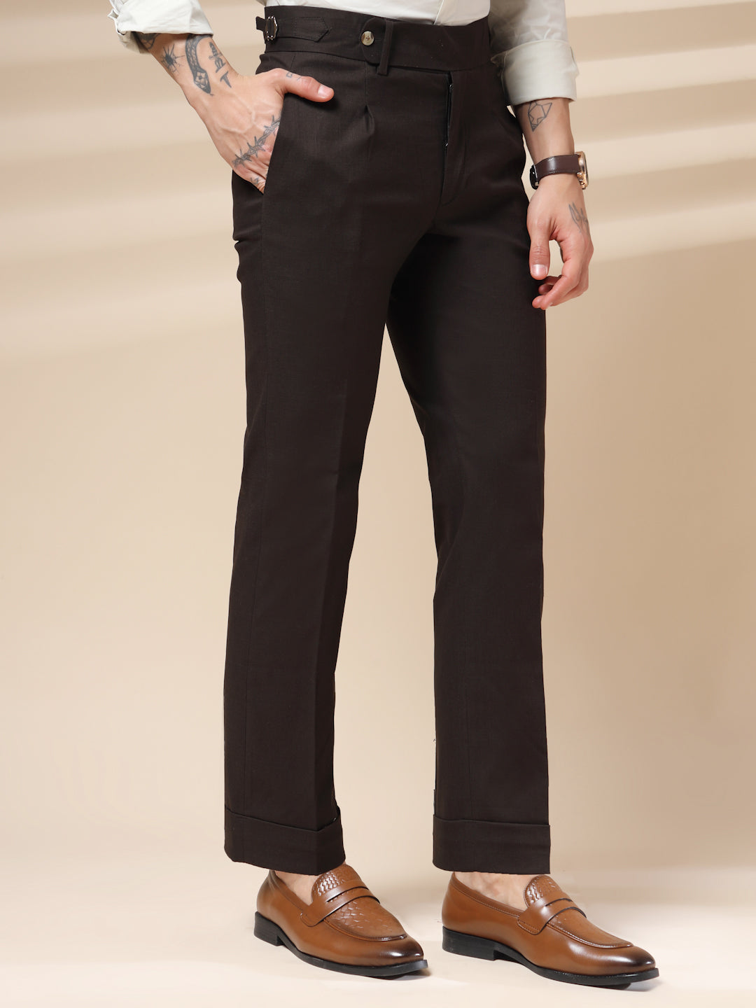 Brown Linen Elegant Gurkha Pants | Boot Cut Fit by ITALIAN VEGA®
