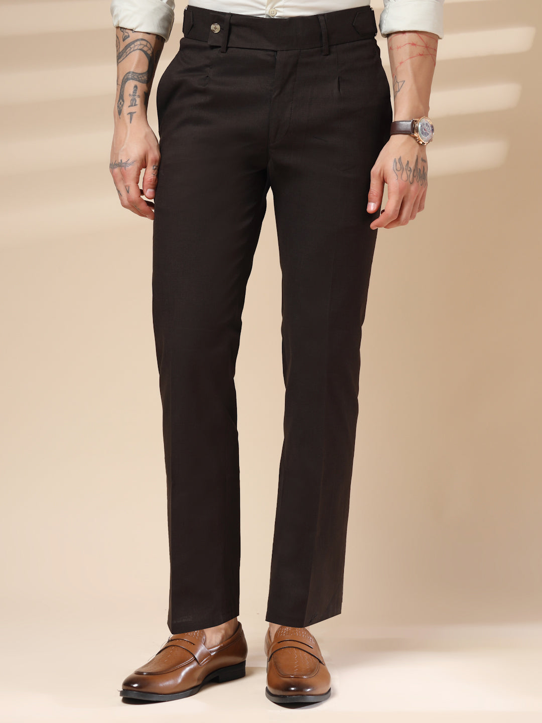 Brown Linen Oxford Gurkha Pants | Boot Cut Fit by ITALIAN VEGA®