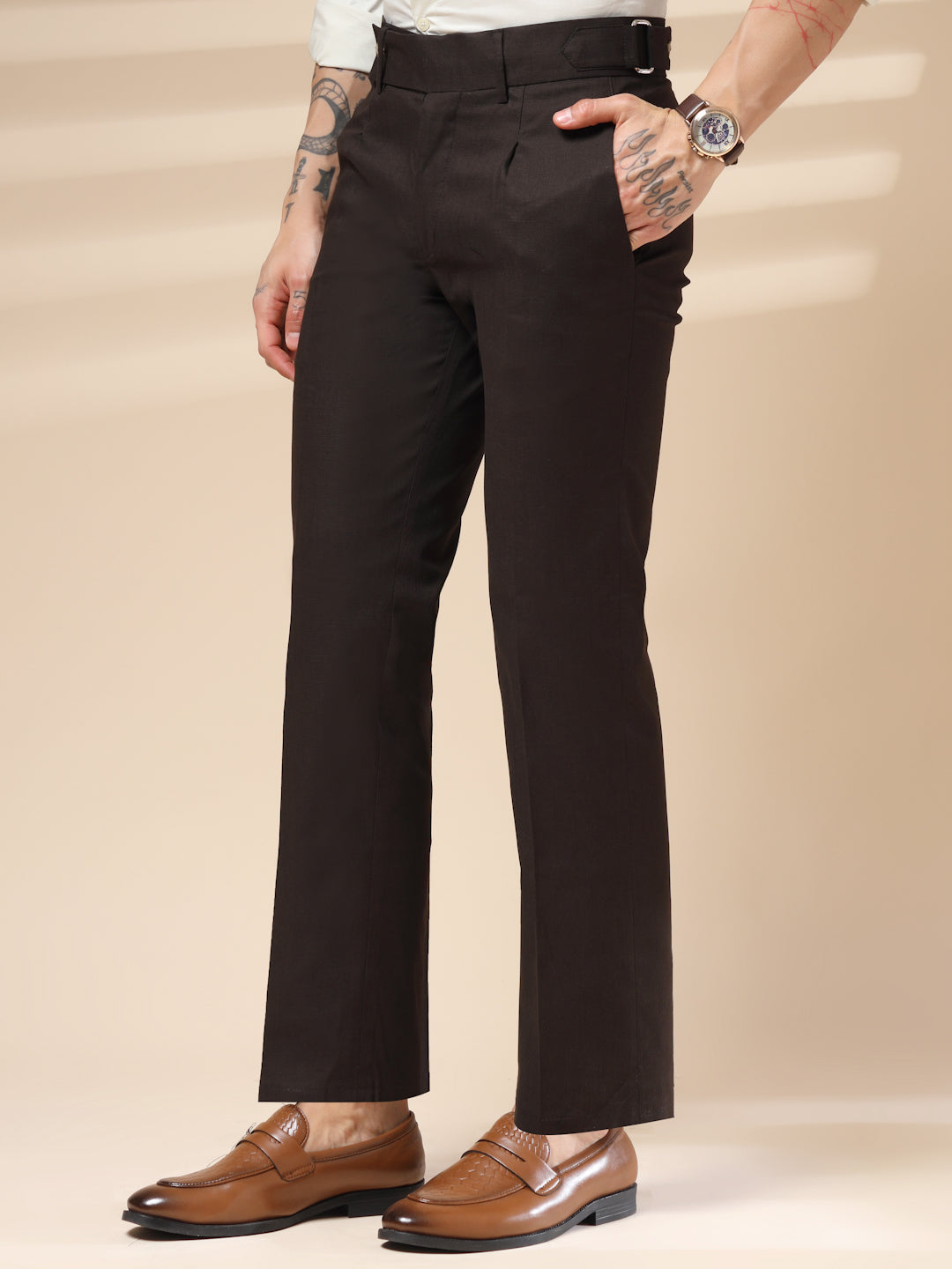 Brown Linen Oxford Gurkha Pants | Boot Cut Fit by ITALIAN VEGA®