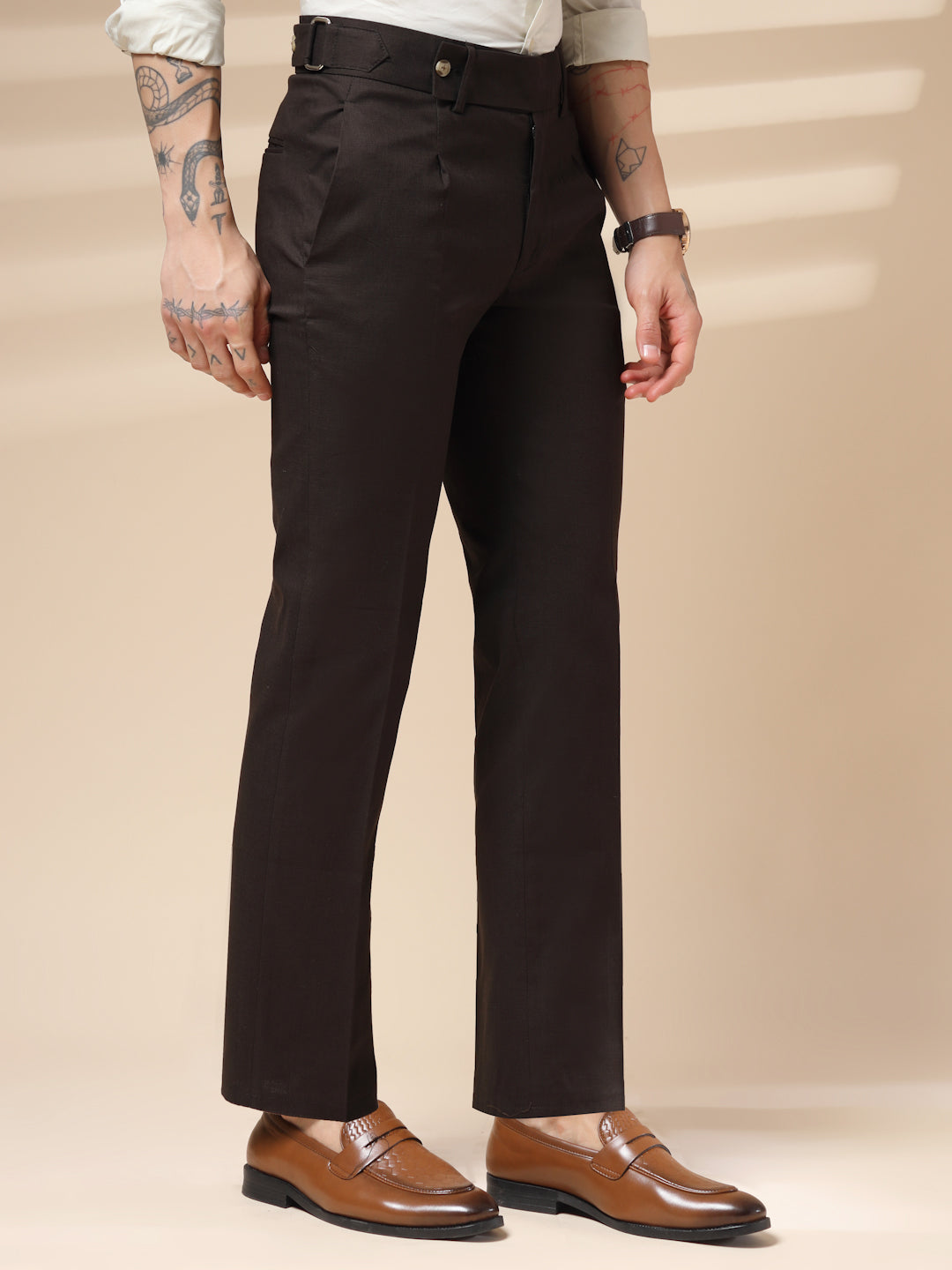 Brown Linen Oxford Gurkha Pants | Boot Cut Fit by ITALIAN VEGA®