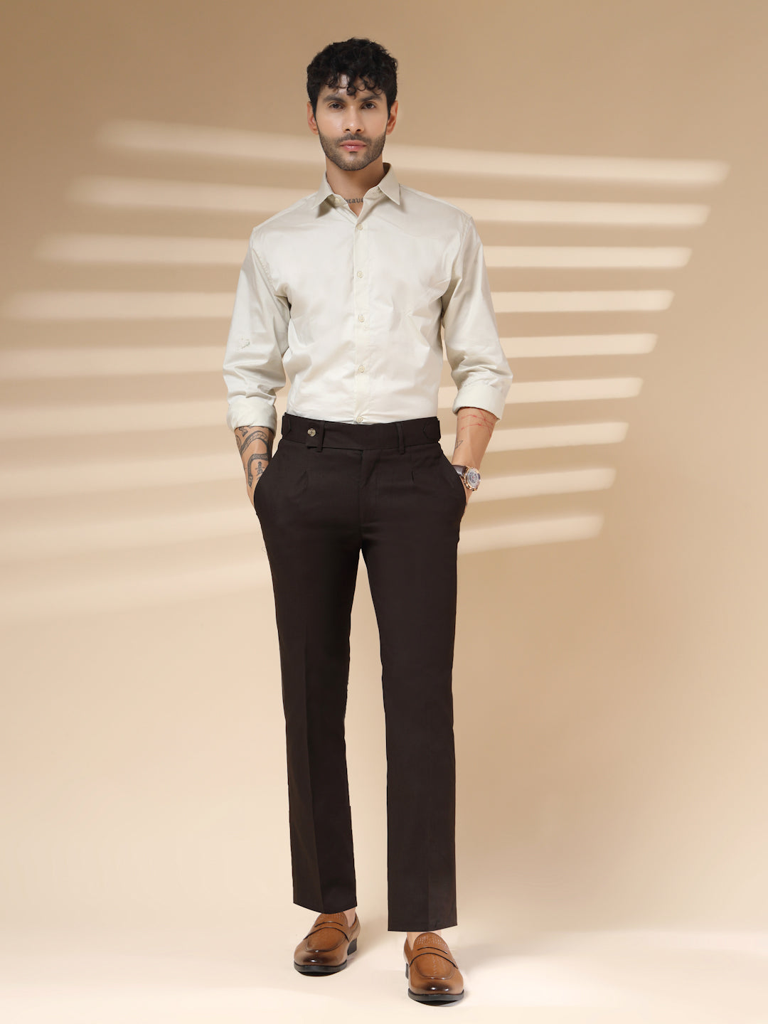 Brown Linen Oxford Gurkha Pants | Boot Cut Fit by ITALIAN VEGA®