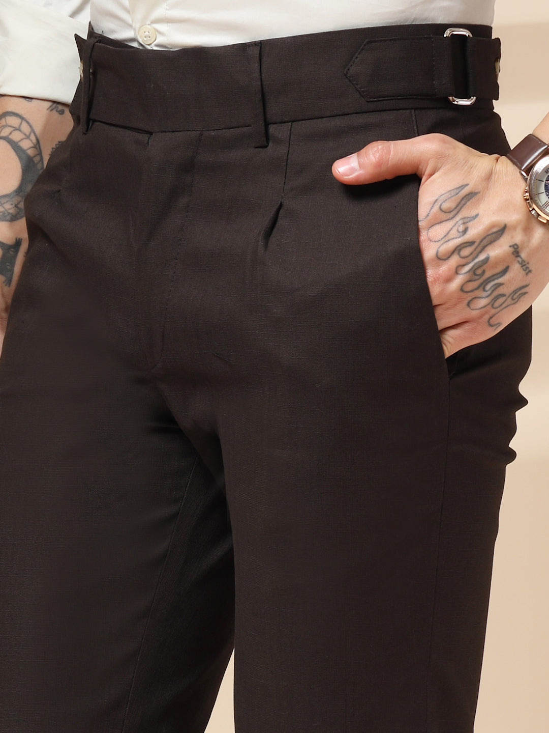 Brown Linen Oxford Gurkha Pants | Boot Cut Fit by ITALIAN VEGA®