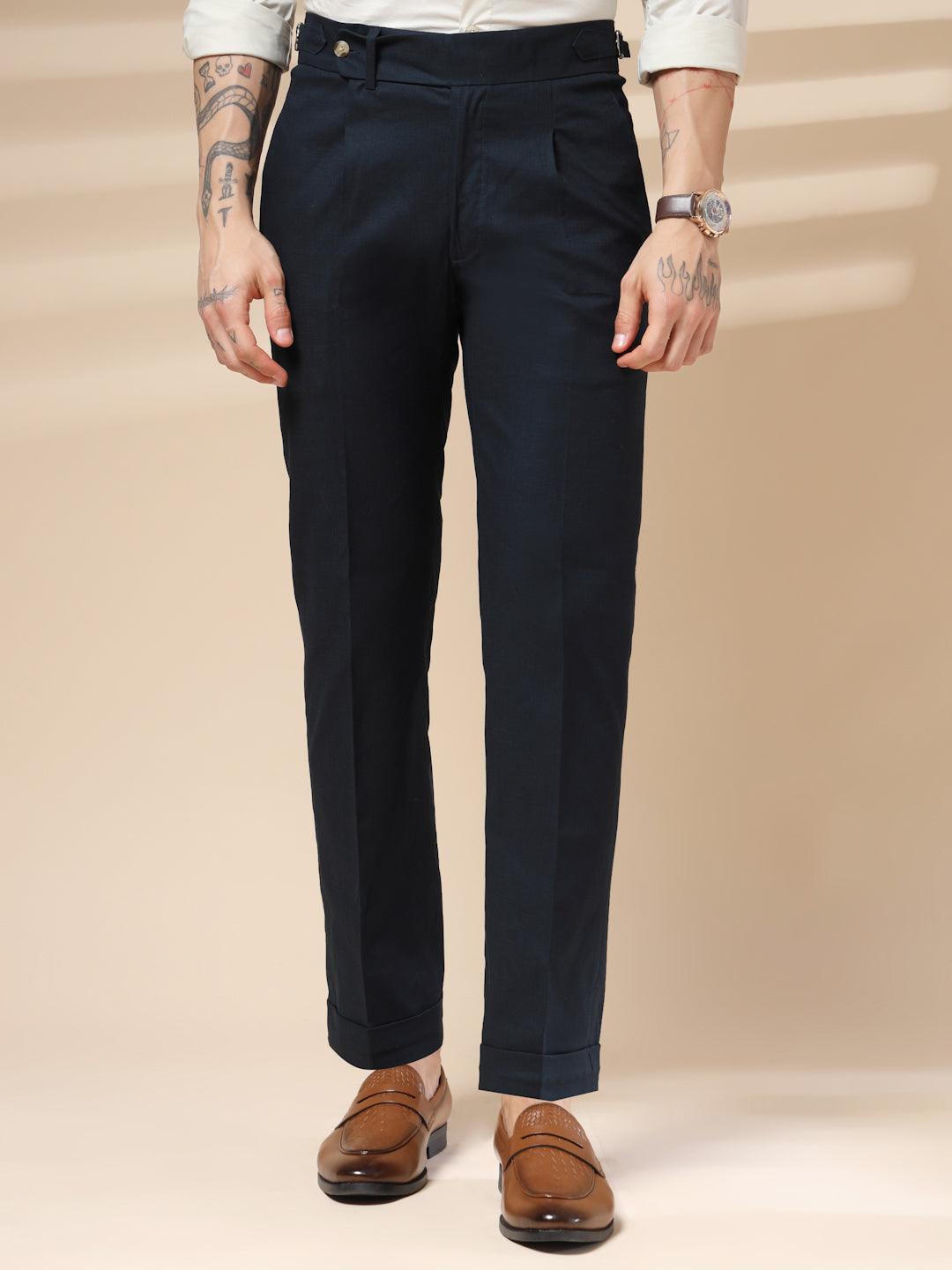Navy Linen Elegant Gurkha Pants | Boot Cut Fit by ITALIAN VEGA®