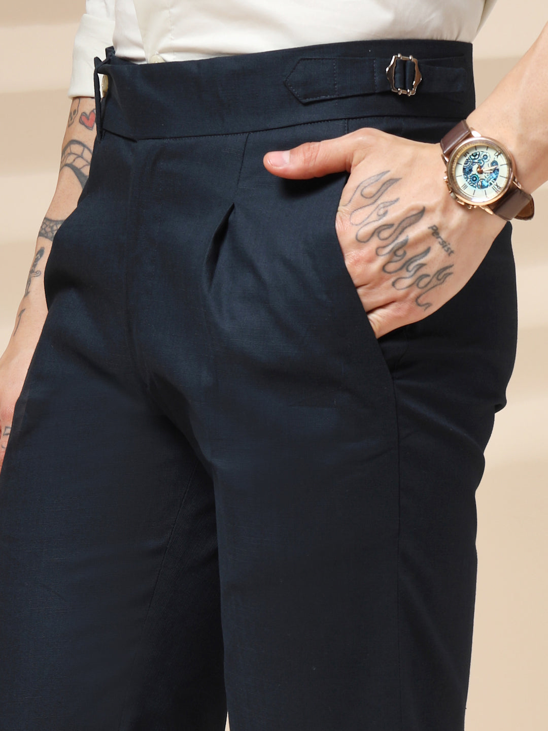 Navy Linen Elegant Gurkha Pants | Boot Cut Fit by ITALIAN VEGA®