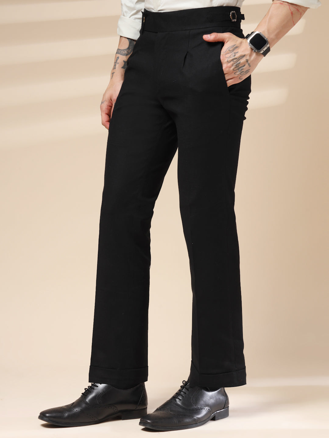 Black Linen Elegant Gurkha Pants | Boot Cut Fit by ITALIAN VEGA®
