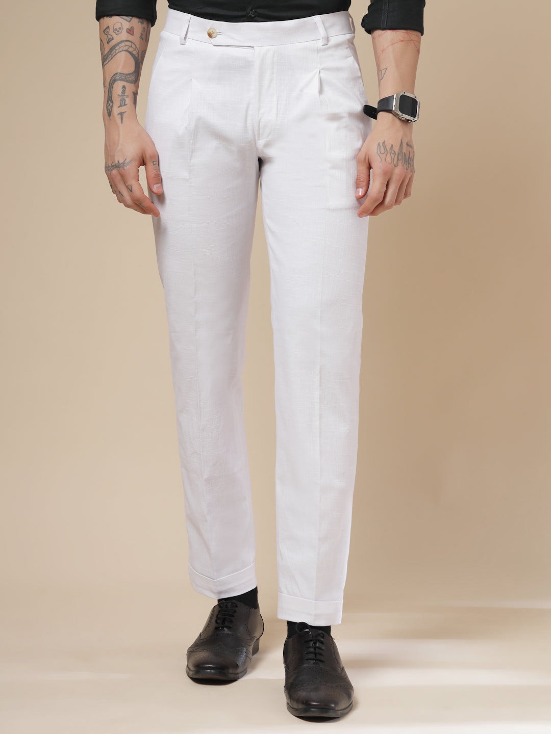 White Linen Formal Pleated Gurkha Pants | Boot Cut Fit by ITALIAN VEGA®