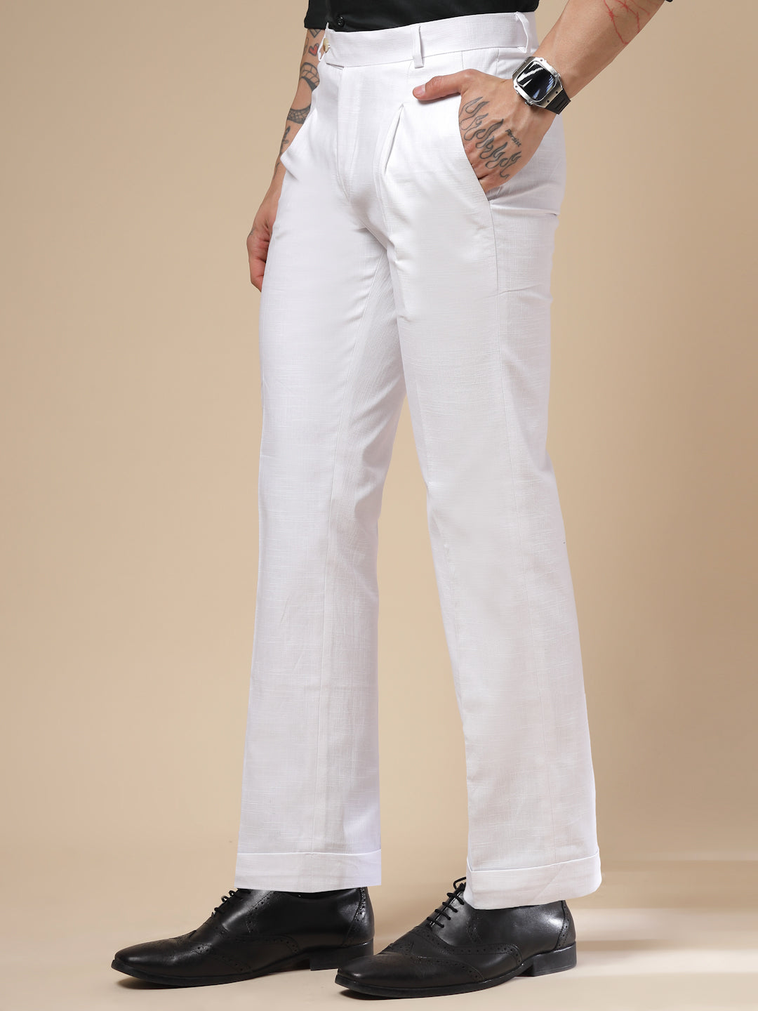White Linen Formal Pleated Gurkha Pants | Boot Cut Fit by ITALIAN VEGA®