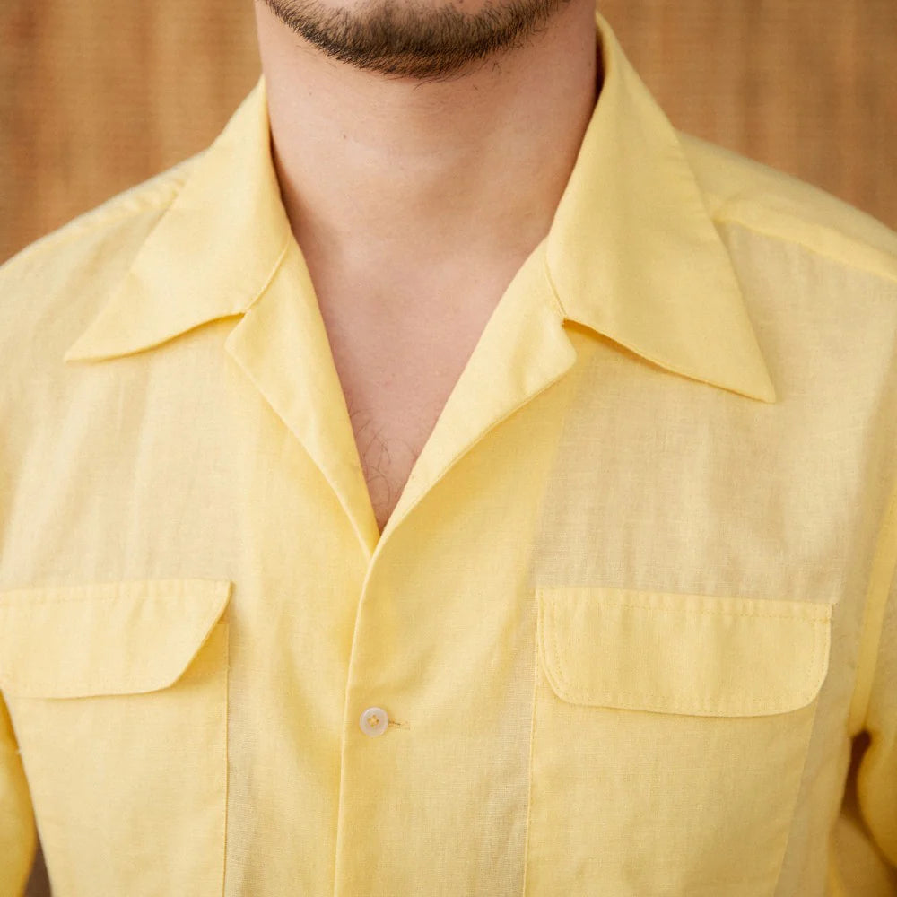 Italian Vega Open Spread Collar 100% Linen Safari Shirt