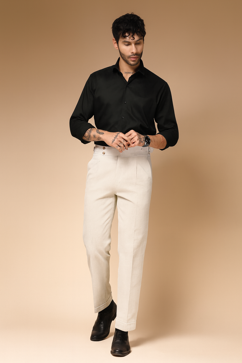 Beige Corduroy Signature Buttoned Gurkha Pants | Boot Cut Fit by ITALIAN VEGA®