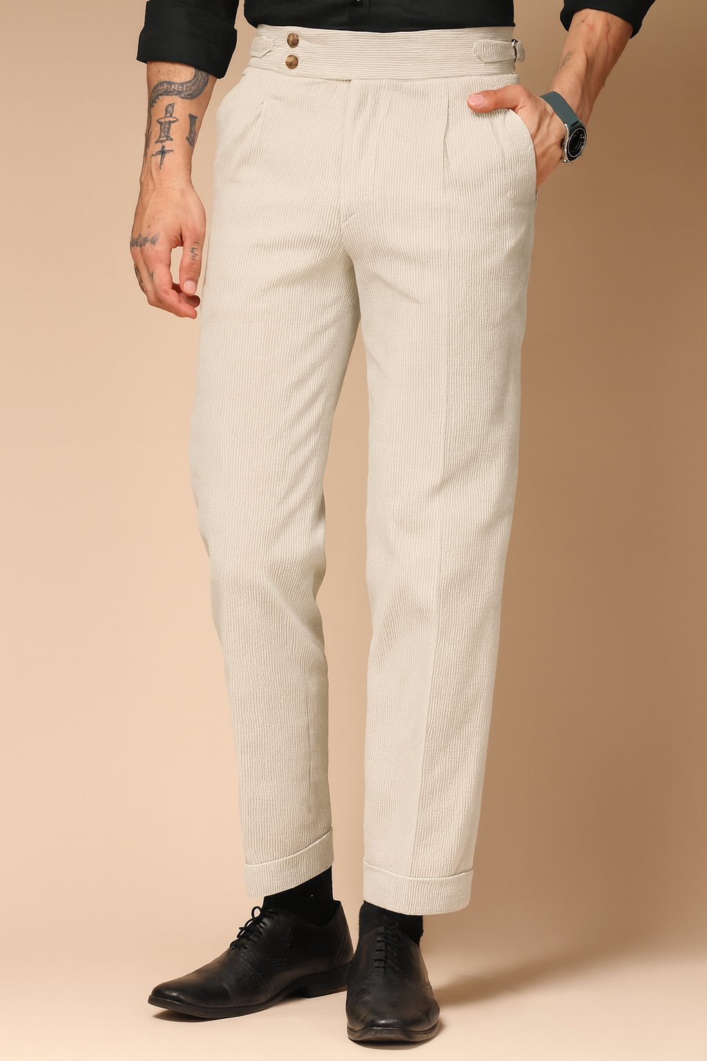 Beige Corduroy Signature Buttoned Gurkha Pants | Boot Cut Fit by ITALIAN VEGA®