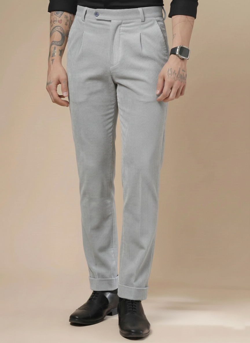 Light Grey Corduroy Men Pleated Formal Pants | Boot Cut Fit by ITALIAN VEGA®