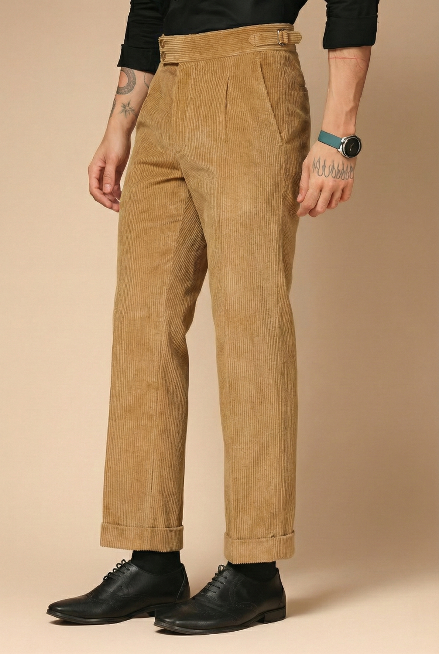 Khakhi Corduroy Signature Buttoned Gurkha Pants | Boot Cut Fit by ITALIAN VEGA®