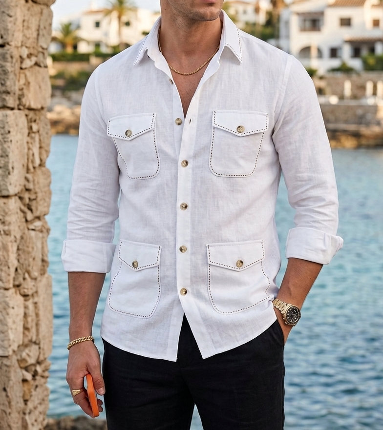 White Safari Shirt – Pick Stitched with Multi Pockets by Italian Vega® - 028
