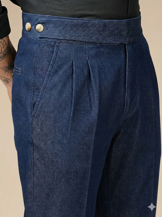 Blue Denim Classic Button Gurkha Trouser Pants | Boot Cut Fit by Italian Vega®