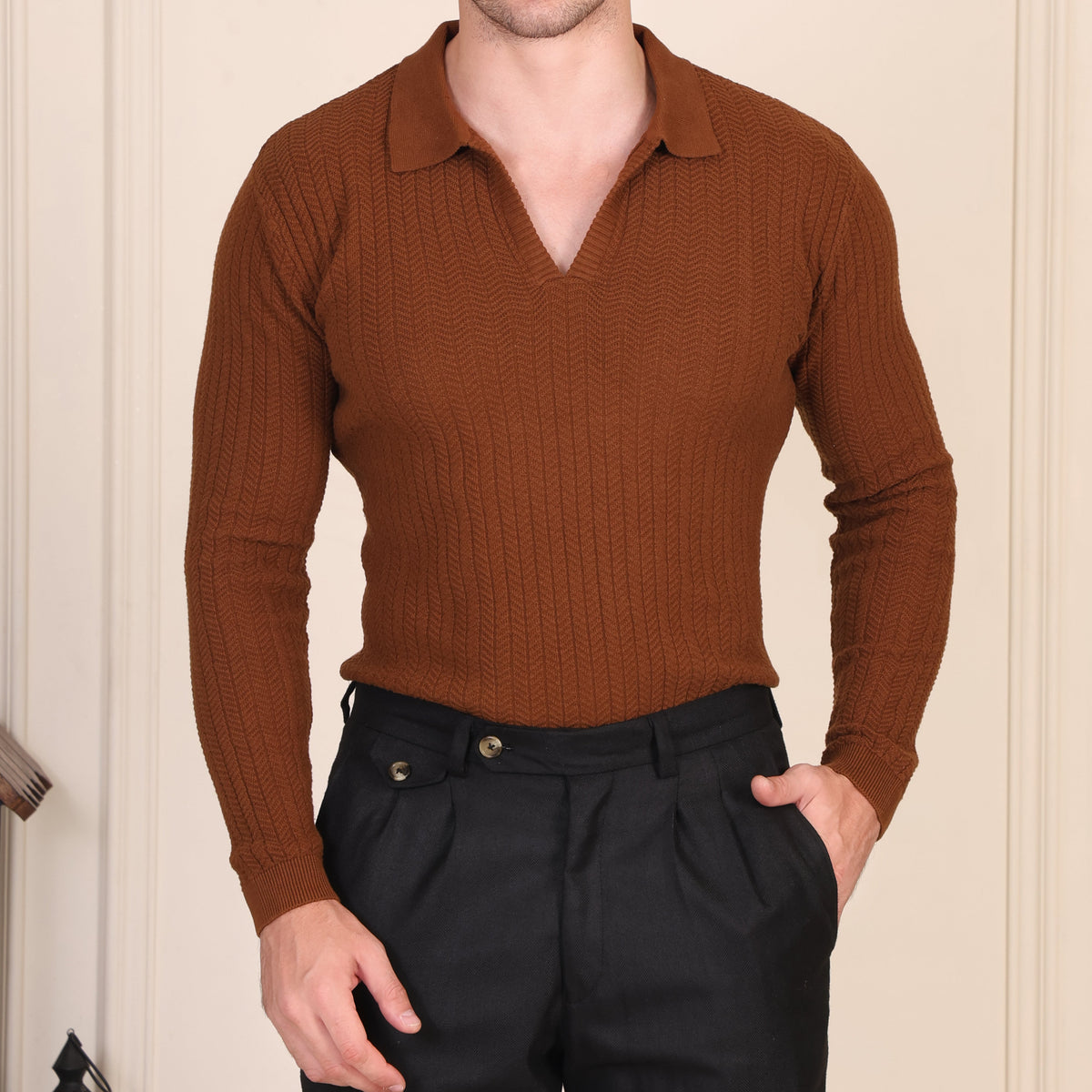 Herringbone Brown Full Sleeves Knit Polo by ITALIAN VEGA®