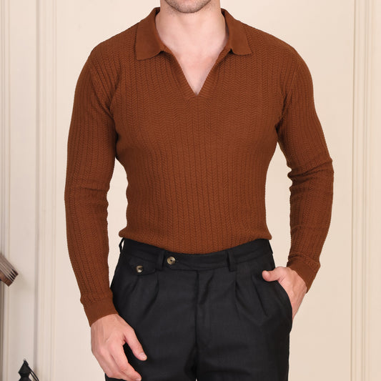 Herringbone Brown Full Sleeves Knit Polo by ITALIAN VEGA®