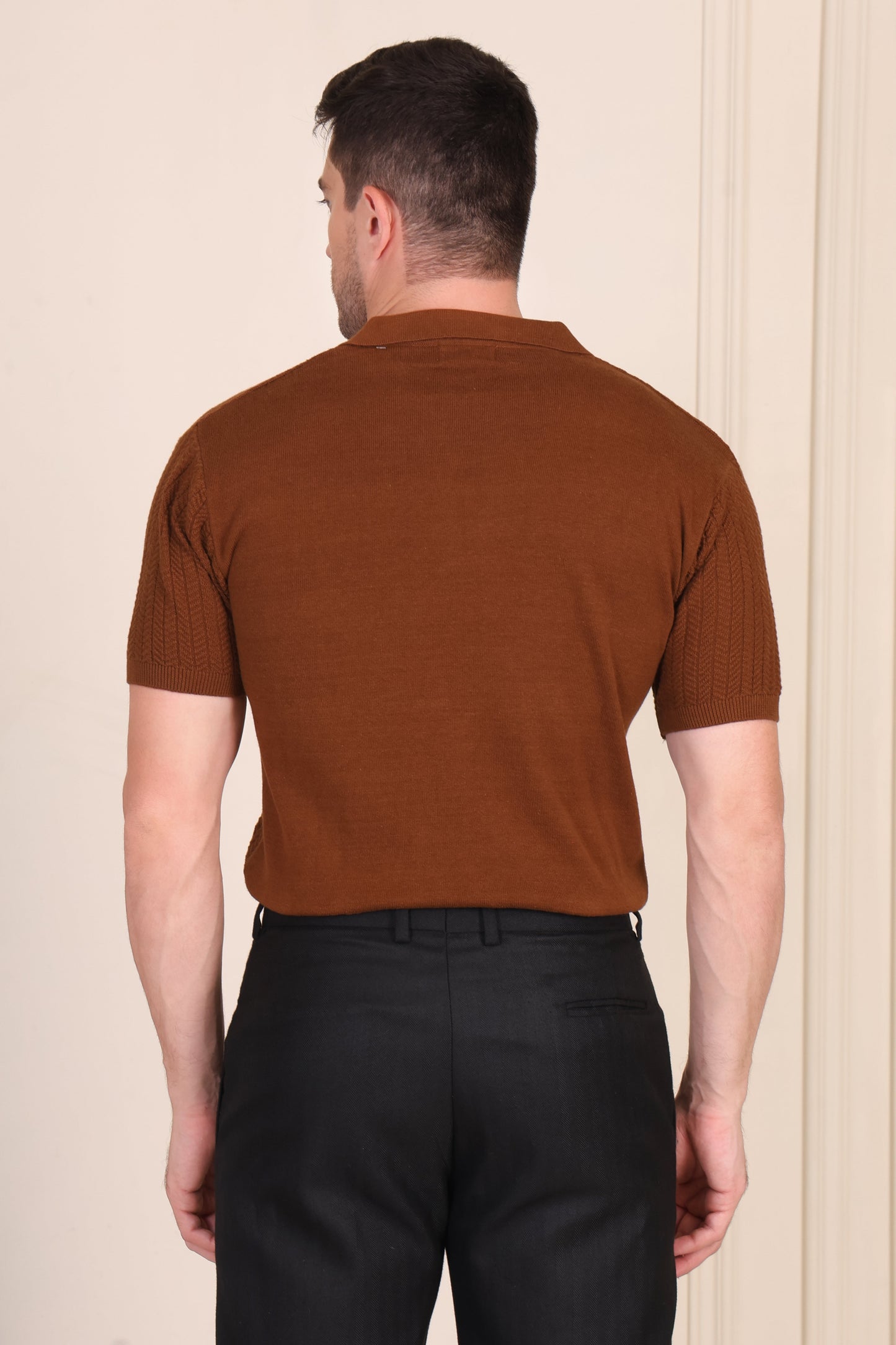 Herringbone Brown Half Sleeve Knit Polo by ITALIAN VEGA®