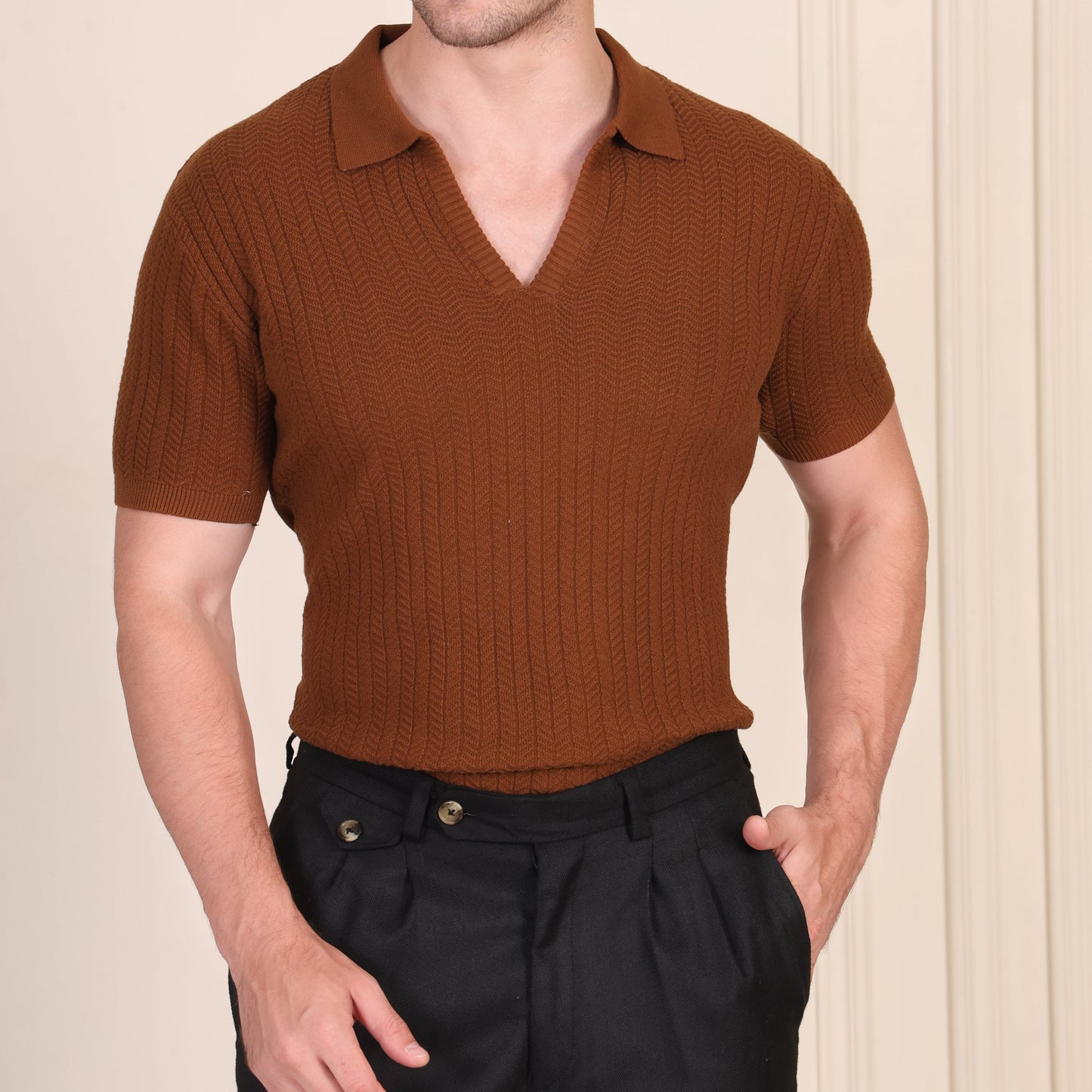Herringbone Brown Half Sleeve Knit Polo by ITALIAN VEGA®