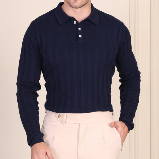 Herringbone Navy Full Sleeves Knit Polo by ITALIANVEGA