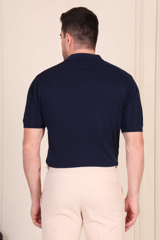 Herringbone Navy Half Sleeve Knit Polo by ITALIANVEGA®