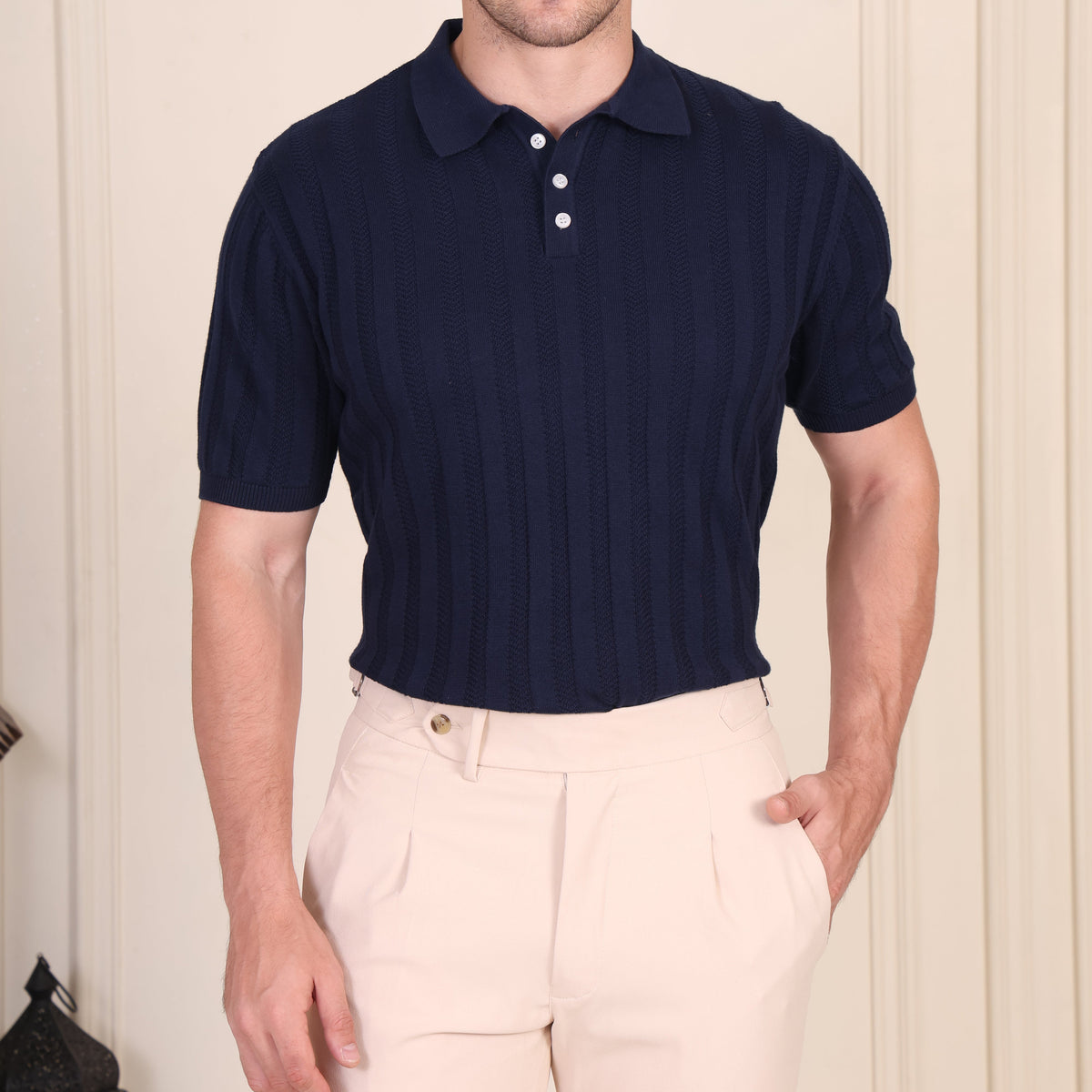 Herringbone Navy Half Sleeve Knit Polo by ITALIANVEGA®