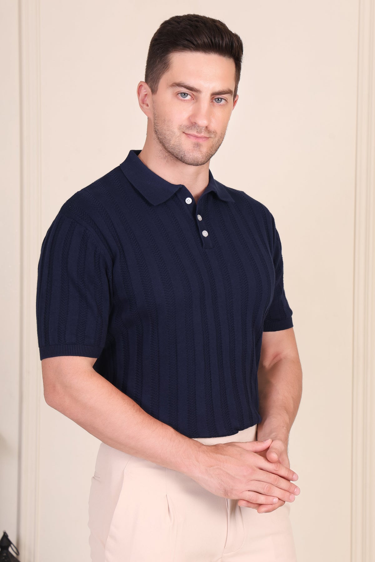 Herringbone Navy Half Sleeve Knit Polo by ITALIANVEGA®