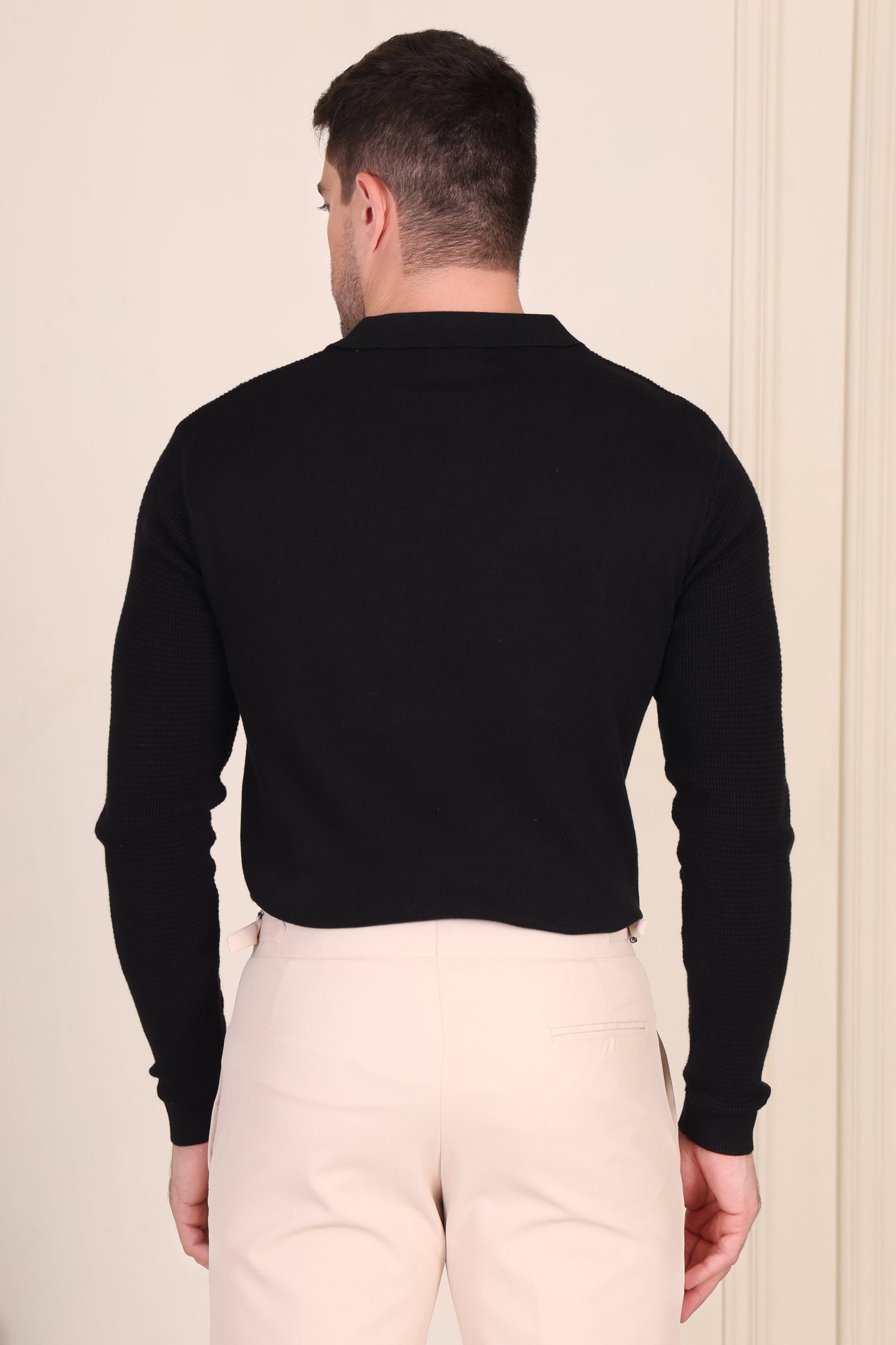 Black Flat Half Sleeve Knit Polo Full Sleeves by ITALIANVEGA®