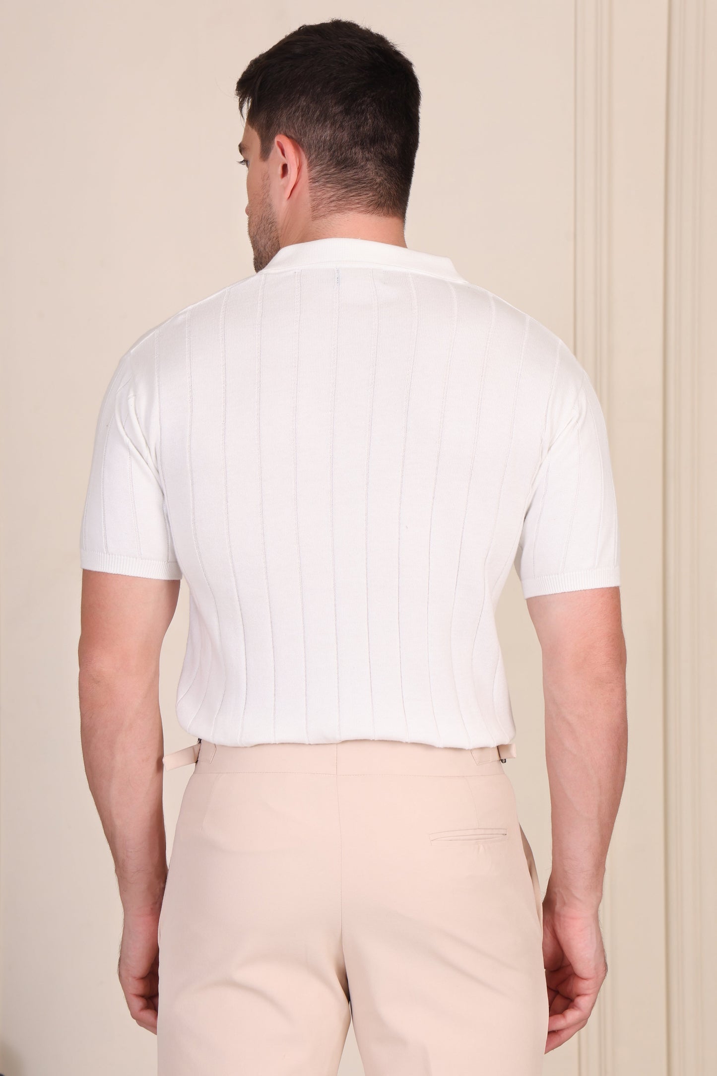White Half Sleeve Knit Polo | Wide Ribbed by ITALIANVEGA®
