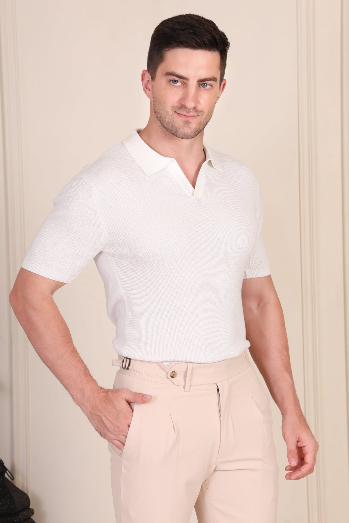 White Flat Half Sleeve Knit Polo by ITALIANVEGA®