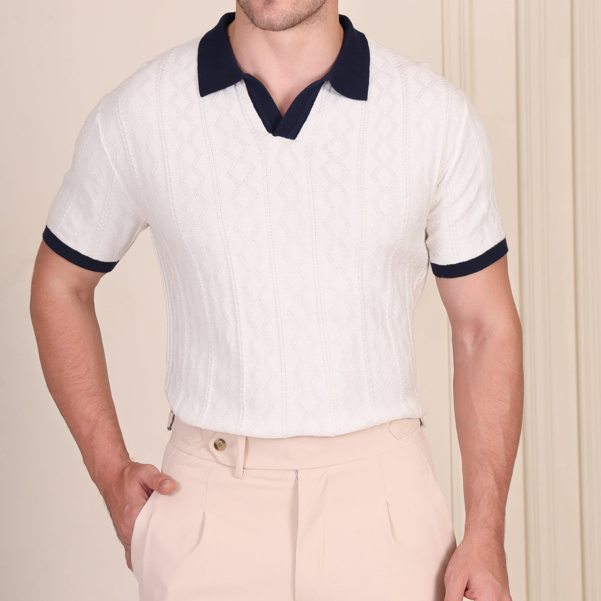 White Diamond Cable Half Sleeve Knit Polo by ITALIAN VEGA®