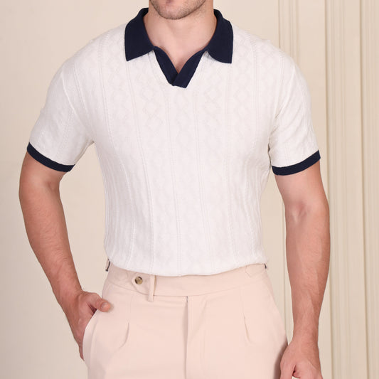 White Diamond Cable Half Sleeve Knit Polo by ITALIAN VEGA®