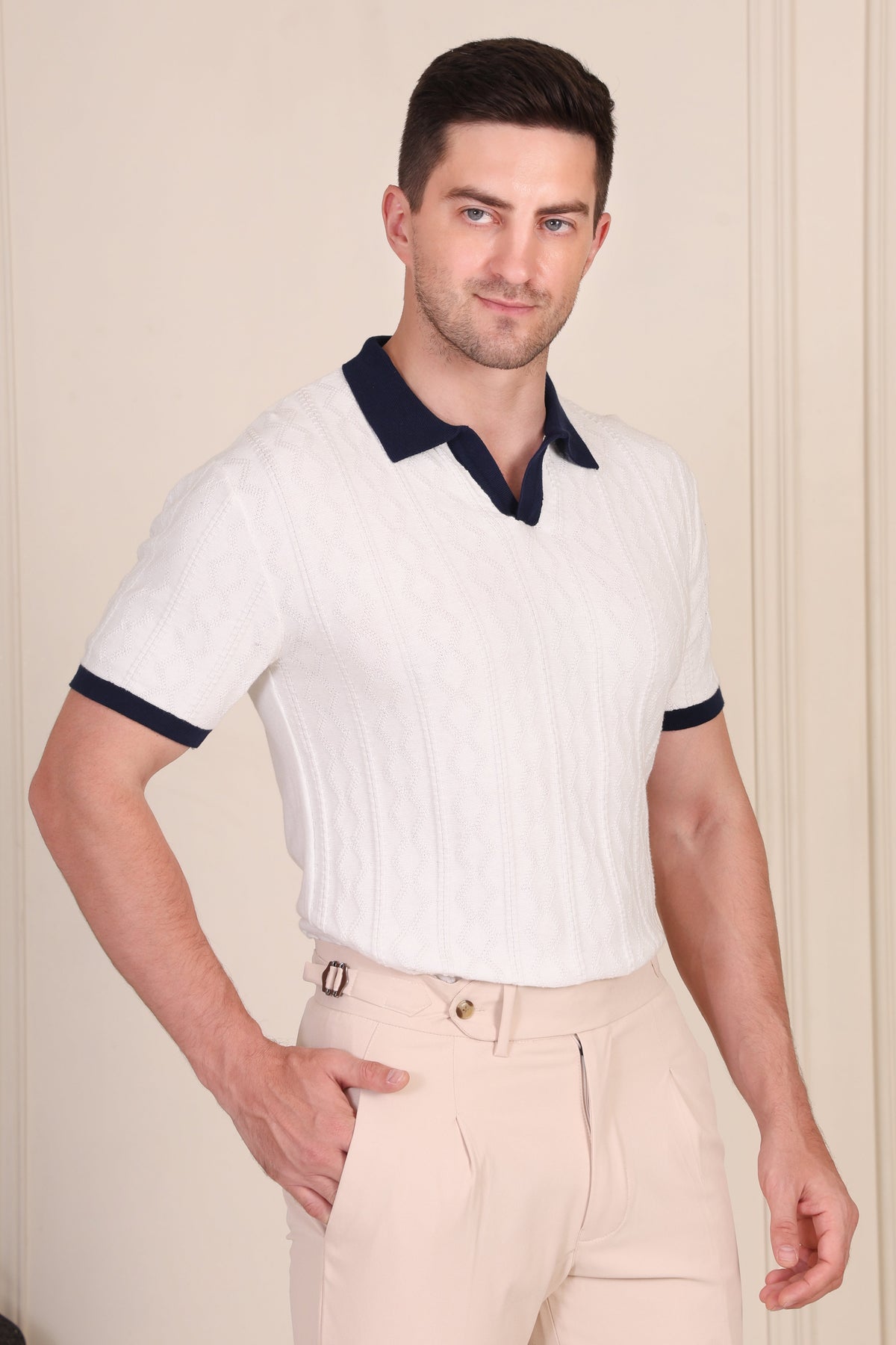 White Diamond Cable Half Sleeve Knit Polo by ITALIAN VEGA®
