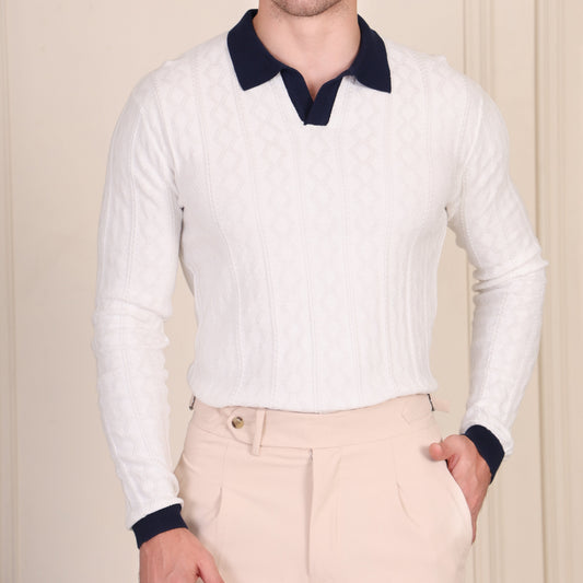 White Diamond Cable Knit Full Sleeves Polo by ITALIAN VEGA®