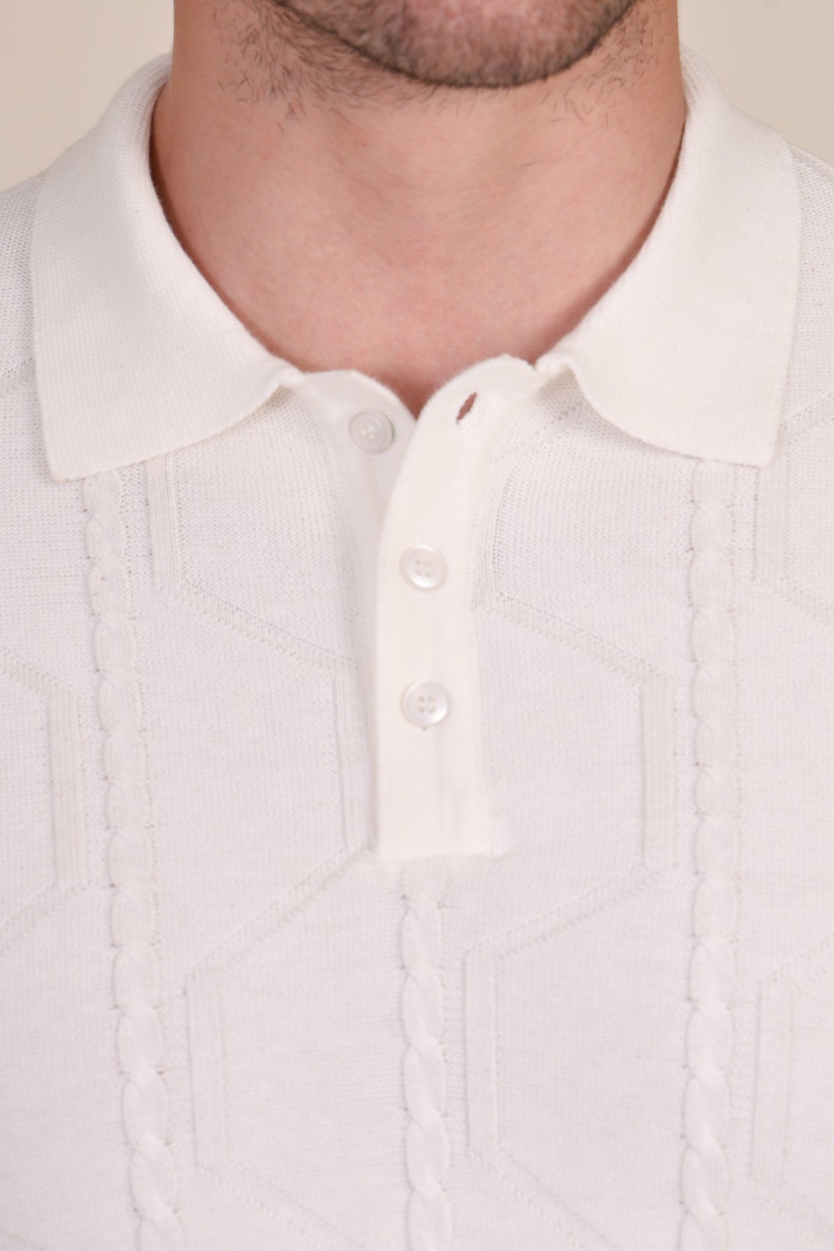 White Cable Knit Full Sleeves Polo by ITALIAN VEGA®