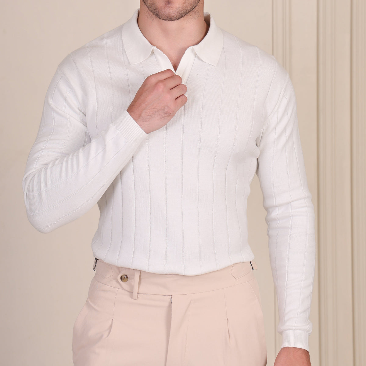 White Knit Polo Full Sleeves | Wide Ribbed by ITALIANVEGA®