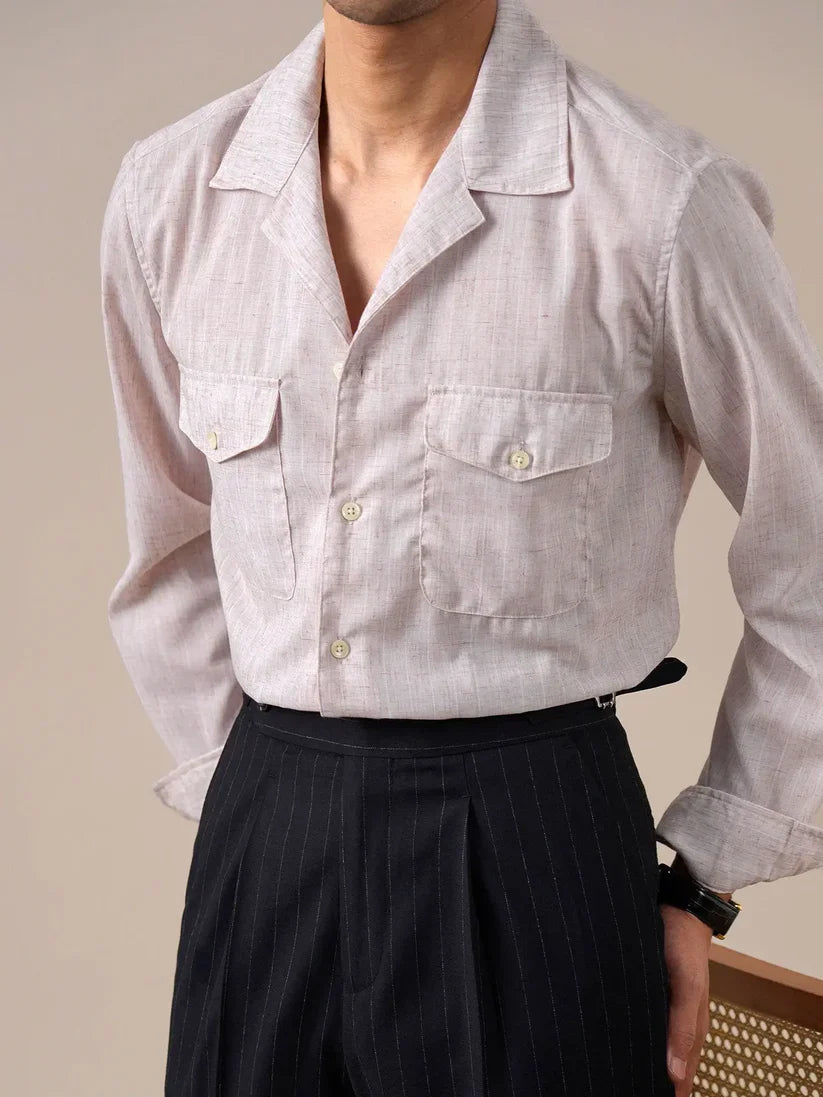 Italian Vega Blend Linen Cuban Collar Safari Shirt
