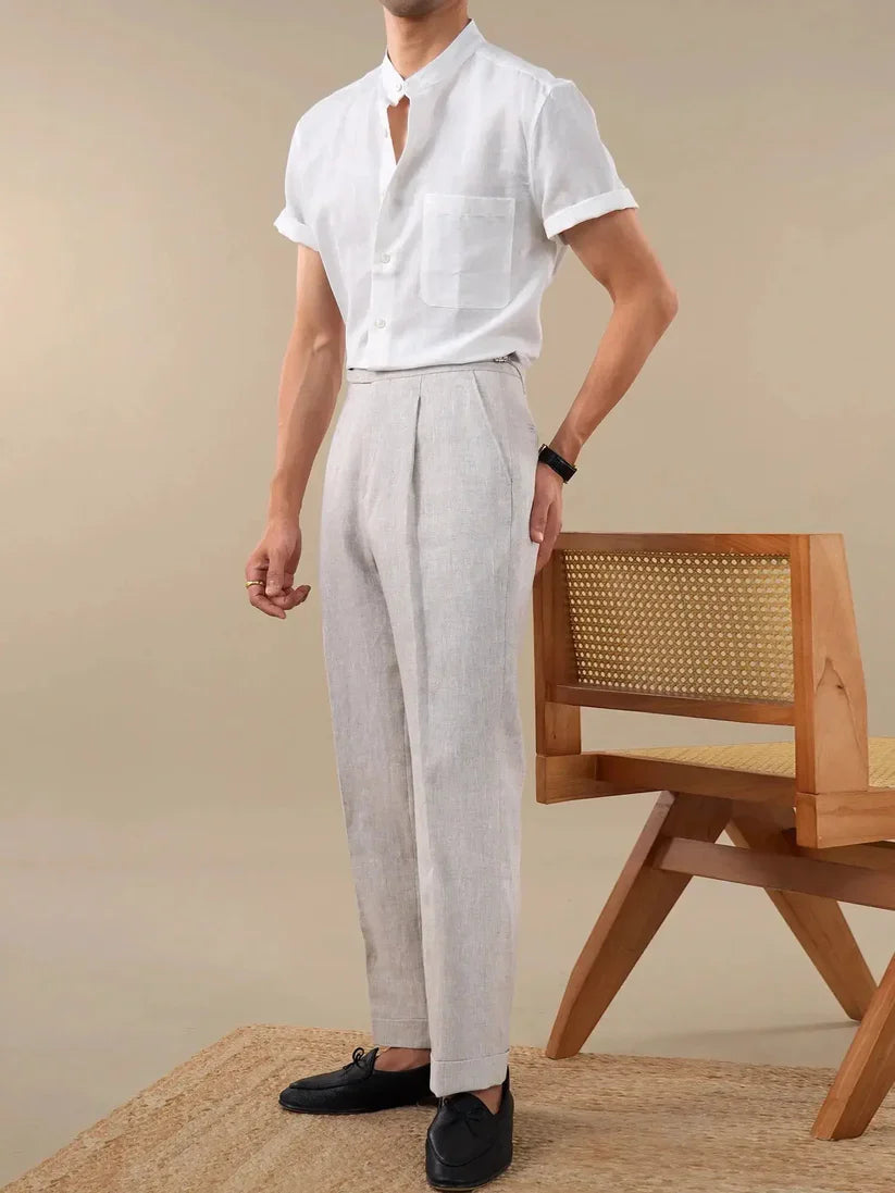 Italian Vega - Band Collar Solid Linen Shirt