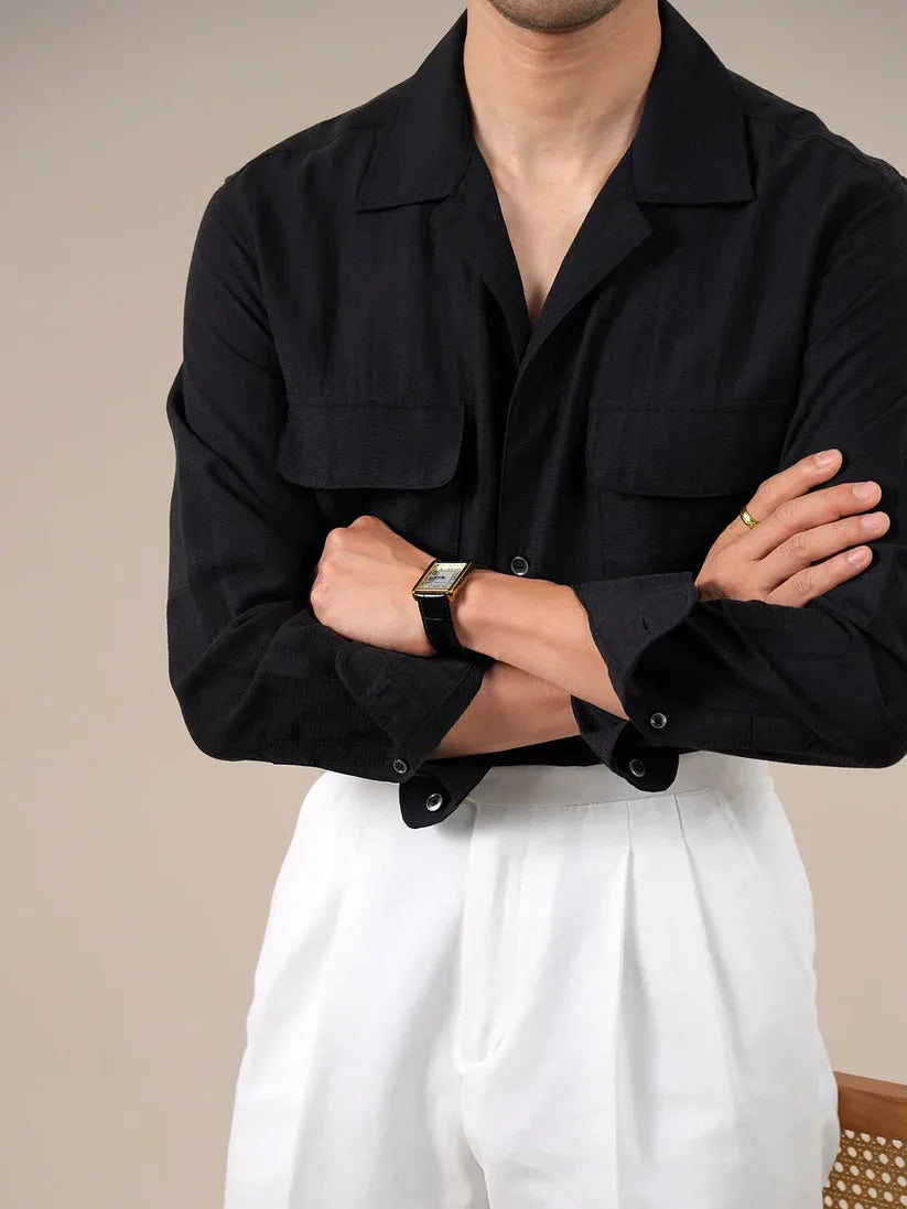 Italian Vega Crumple Linen Cuban Collar Dual Pocket Shirt