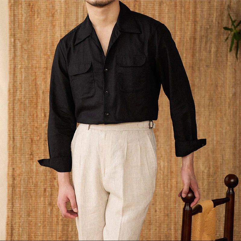 Italian Vega Open Spread Collar 100% Linen Safari Shirt
