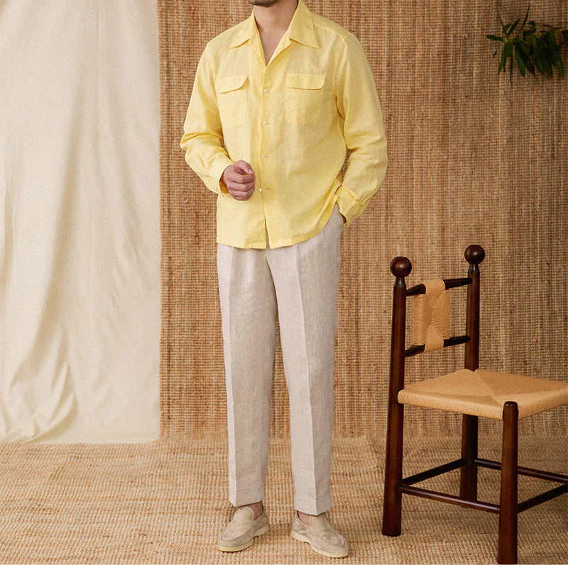 Italian Vega Open Spread Collar 100% Linen Safari Shirt