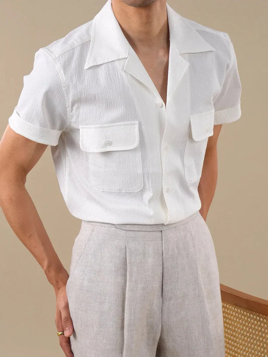Italian Vega - Cuban Collar Short Sleeves Crimpled Linen